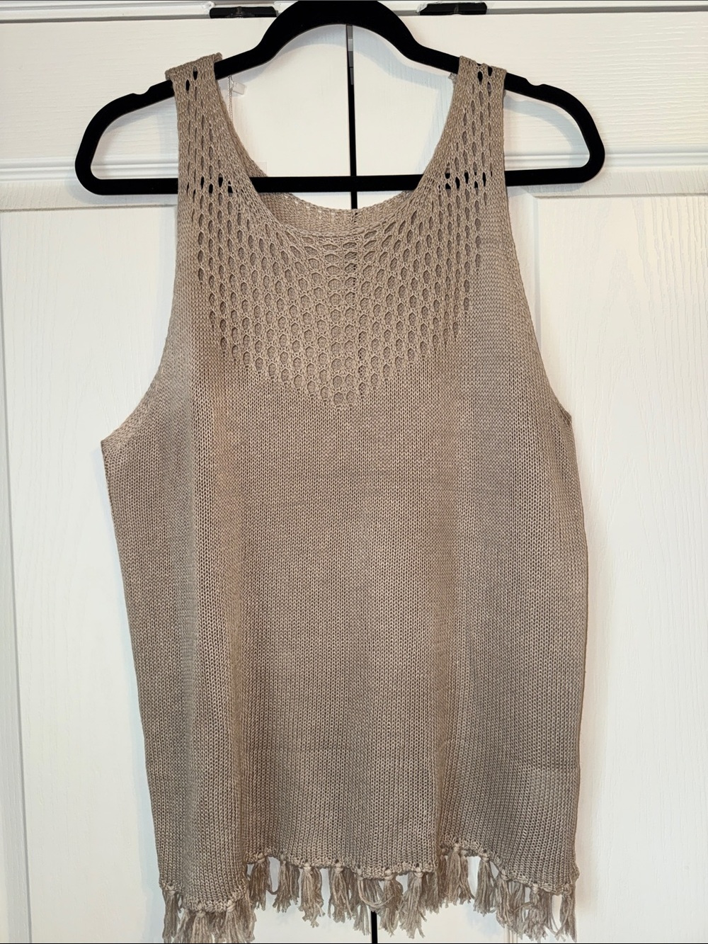 Sleeveless Taupe Knit Fringe Tank Top